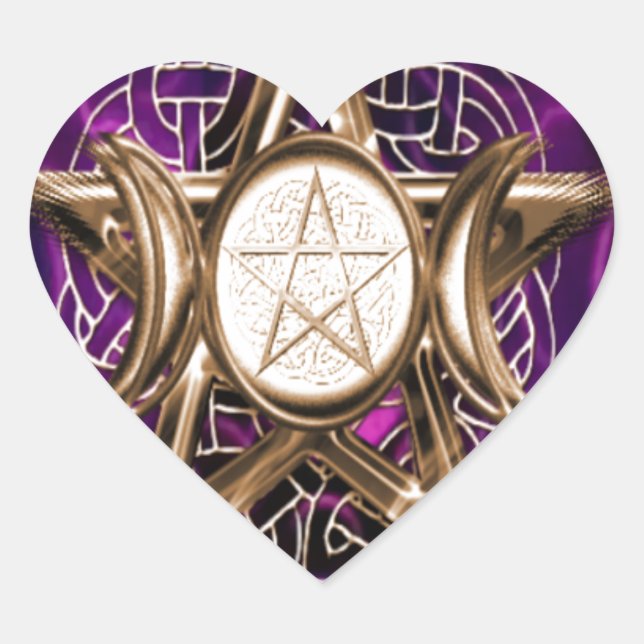 Pentacle Purple and Gold Triple Moon Heart Sticker (Front)