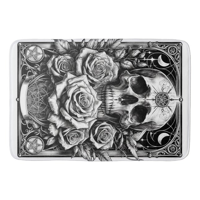 Pentacle Skeleton Skull & Roses Tarot Art Bath Mat (Front)