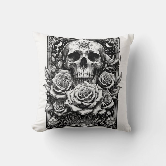 Pentacle Skeleton Skull & Roses Tarot Art Cushion (Front)