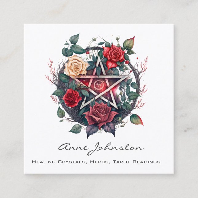 Pentagram and Red Roses Square Business Card (Front)