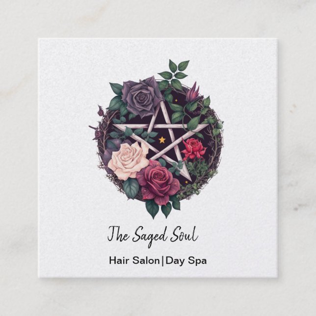 Pentagram and Roses Pagan Gothic Square Business Card (Front)