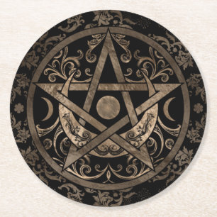 Pentagram Ornament - Gold and Black Round Paper Coaster