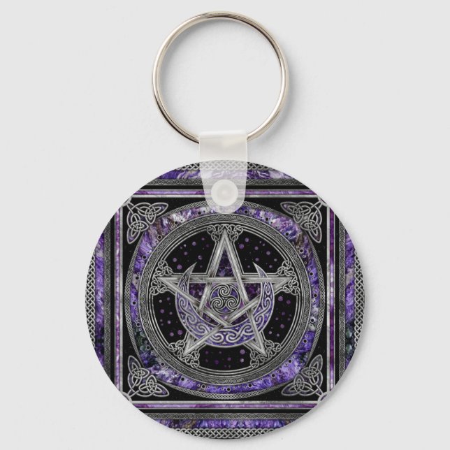 Pentagram Triskelion Amethyst Moon Key Ring (Front)