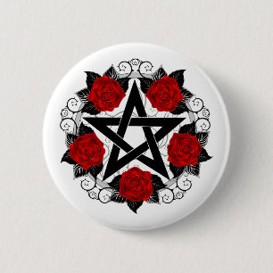 Pentagram with Red Roses 6 Cm Round Badge
