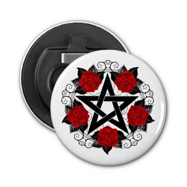 Pentagram with Red Roses Bottle Opener (Front)