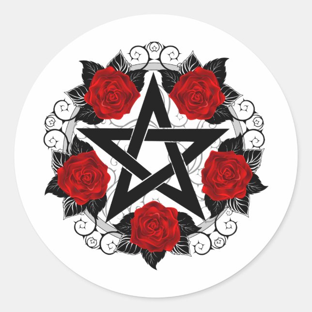 Pentagram with Red Roses Classic Round Sticker (Front)