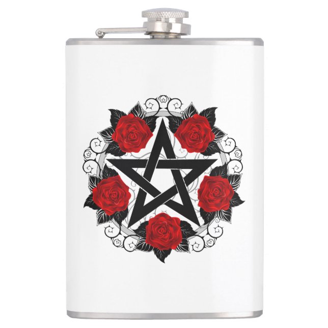 Pentagram with Red Roses Hip Flask (Front)