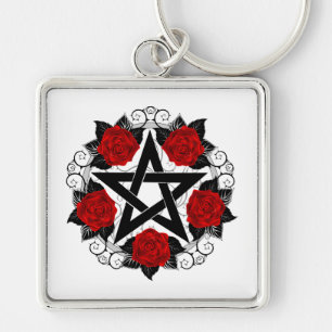 Pentagram with Red Roses Key Ring
