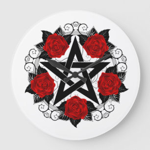 Pentagram with Red Roses Large Clock