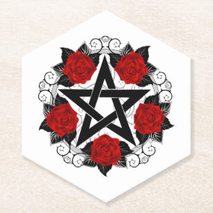 Pentagram with Red Roses Paper Coaster