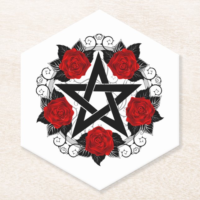Pentagram with Red Roses Paper Coaster (Front)