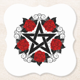Pentagram with Red Roses Paper Coaster
