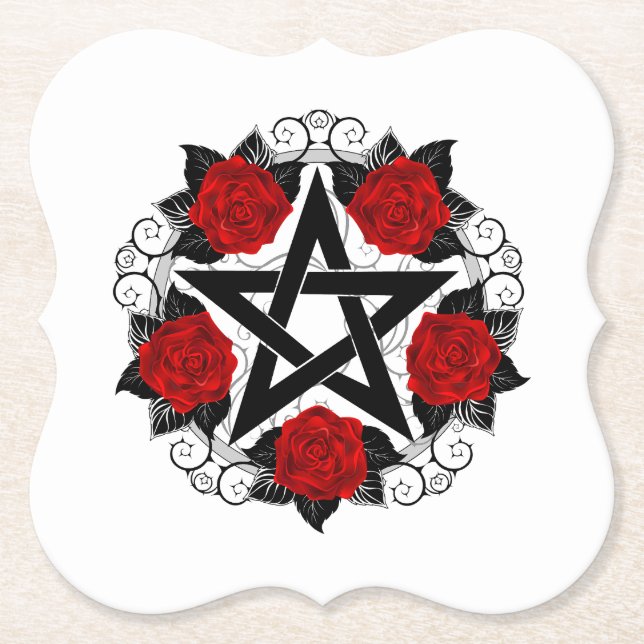Pentagram with Red Roses Paper Coaster (Front)