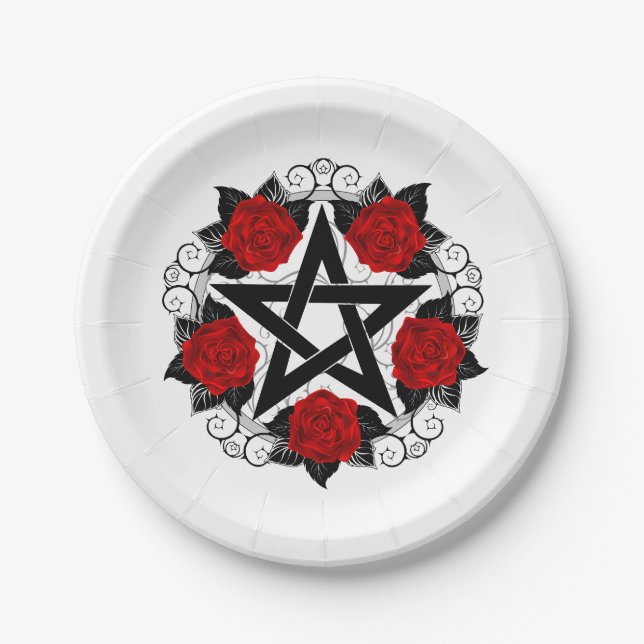 Pentagram with Red Roses Paper Plate (Front)