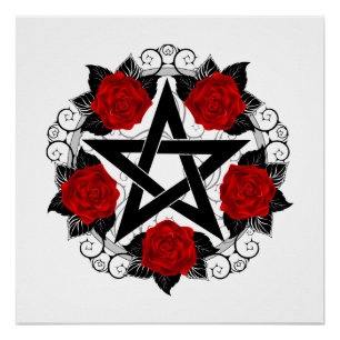 Pentagram with Red Roses Poster