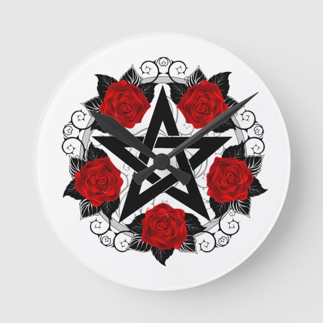 Pentagram with Red Roses Round Clock (Front)