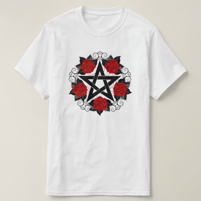Pentagram with Red Roses T-Shirt (Design Front)