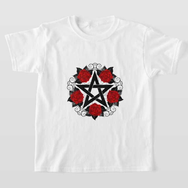 Pentagram with Red Roses T-Shirt (Laydown)