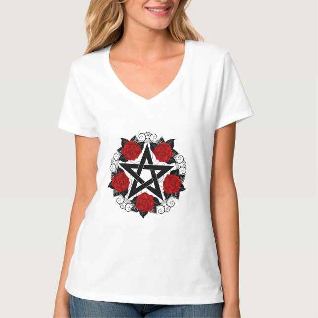 Pentagram with Red Roses T-Shirt (Front)
