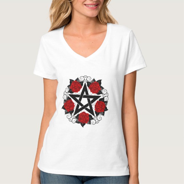 Pentagram with Red Roses T-Shirt (Front)