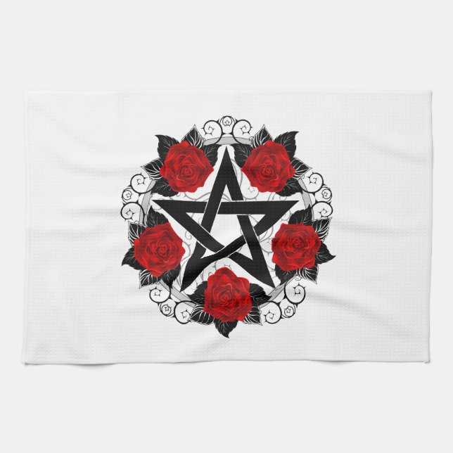 Pentagram with Red Roses Tea Towel (Horizontal)