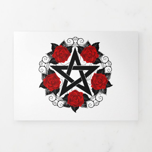 Pentagram with Red Roses Tri-Fold Holiday Card (Cover)
