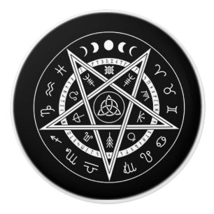 Pentagram with Symbols on Black Background Ceramic Knob