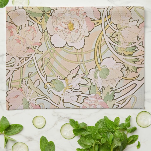 Peonies Abstract Pattern Alphonse Mucha Tea Towel (Folded)