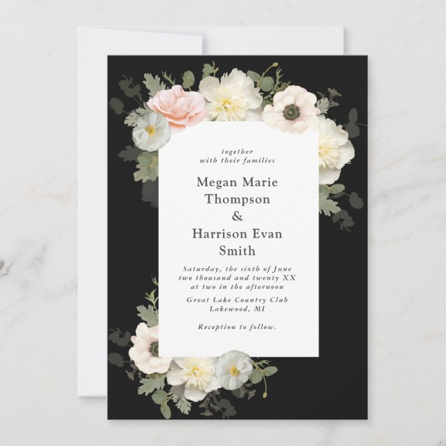 Peonies and Anemones blooming Wedding Invitation (Front)