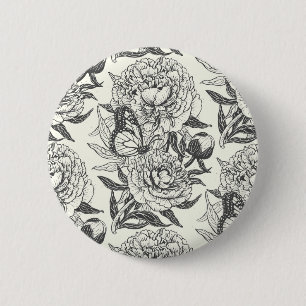 Peonies and butterflies block print, black and whi 6 cm round badge