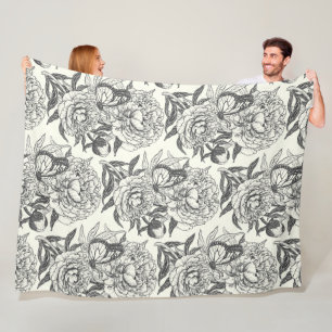 Peonies and butterflies block print, black and whi fleece blanket