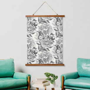 Peonies and butterflies block print, black and whi hanging tapestry