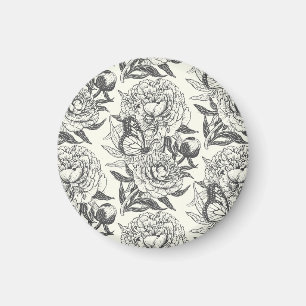 Peonies and butterflies block print, black and whi magnet