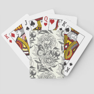 Peonies and butterflies block print, black and whi playing cards