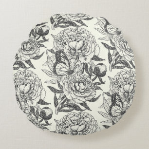 Peonies and butterflies block print, black and whi round cushion