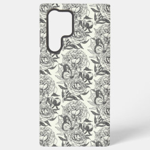 Peonies and butterflies block print, black and whi samsung galaxy case