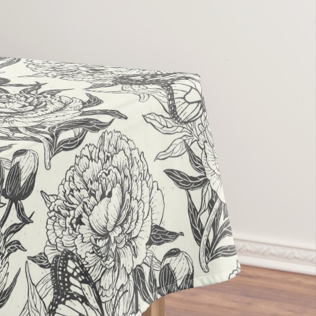Peonies and butterflies block print, black and whi tablecloth (In Situ)