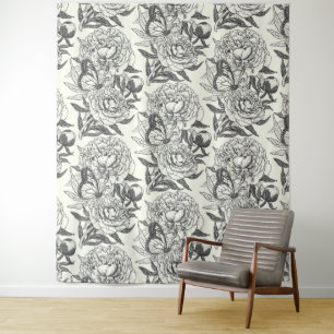 Peonies and butterflies block print, black and whi tapestry