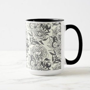 Peonies and butterflies block print,black and whit mug