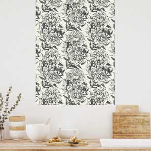 Peonies and butterflies block print,black and whit poster