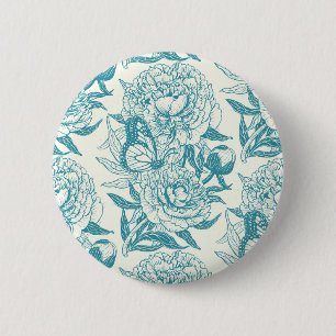 Peonies and butterflies block print, lagoon Blue 6 Cm Round Badge
