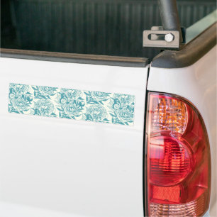 Peonies and butterflies block print, lagoon Blue Bumper Sticker