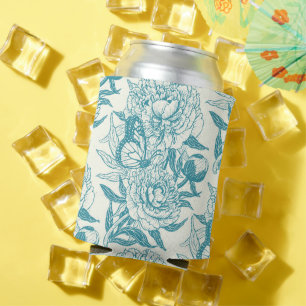Peonies and butterflies block print, lagoon Blue Can Cooler