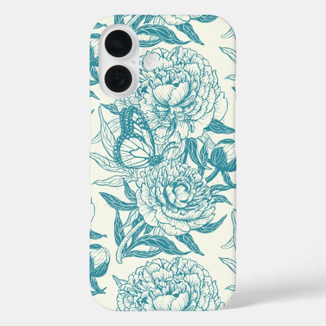 Peonies and butterflies block print, lagoon Blue Case-Mate iPhone Case (Back)