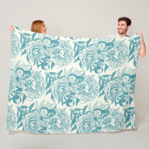 Peonies and butterflies block print, lagoon Blue Fleece Blanket