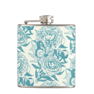 Peonies and butterflies block print, lagoon Blue  Hip Flask