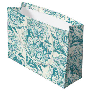 Peonies and butterflies block print, lagoon Blue Large Gift Bag