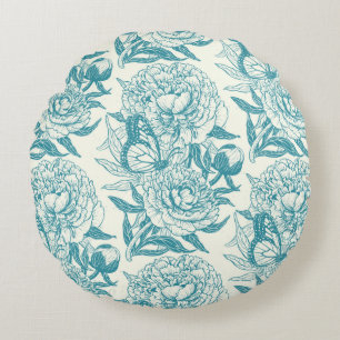 Peonies and butterflies block print, lagoon Blue Round Cushion