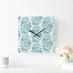 Peonies and butterflies block print, lagoon Blue Square Wall Clock