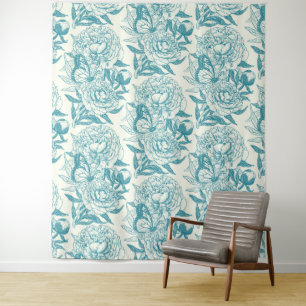 Peonies and butterflies block print, lagoon Blue Tapestry